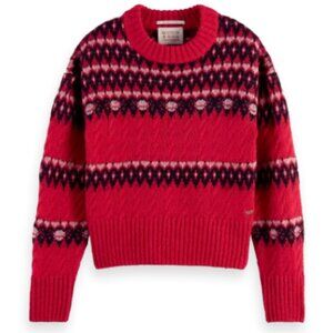 NWT Scotch & Soda Womens  Red Fair Isle Knitted Cable Pullover Sweater Size L